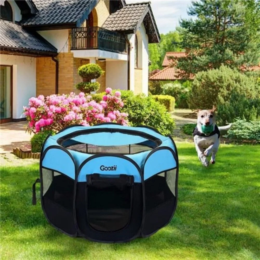 Small Dog Playpen Portable Collapsible (Small Size, Black/Blue)